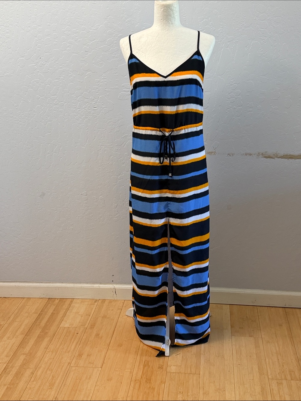 Michael Kors Blue, Black & Gold Striped Maxi Dress